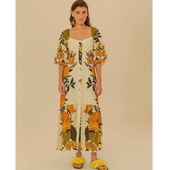 FARM Rio Dresses & Skirts - Farm Rio Maxi Dress Womens Small Quiet Garden Floral Eyelet  Puff Sleeve Summer